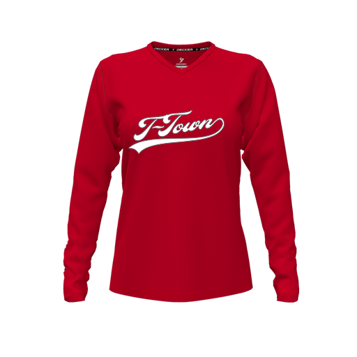 [CUS-DFW-TEES-CMF-VNK-LSL-RED-FYXS-LOGO1] Decker Comfort T-Shirt (Female Youth XS, Red, V Neck, Logo 1, Long Sleeve)