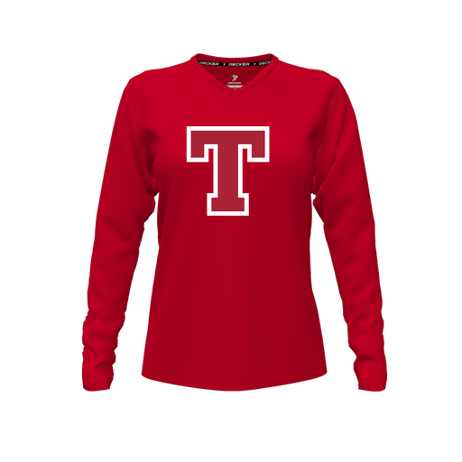 [CUS-DFW-TEES-CMF-VNK-LSL-RED-FYXS-LOGO2] Comfort T-Shirt (Female Youth XS, Red, V Neck, Logo 2, Long Sleeve)