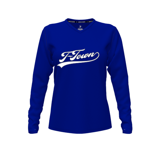 [CUS-DFW-TEES-PER-VNK-LSL-RYL-FYXS-LOGO1] Decker Performance T-Shirt (Female Youth XS, Royal, V Neck, Logo 1, Long Sleeve)