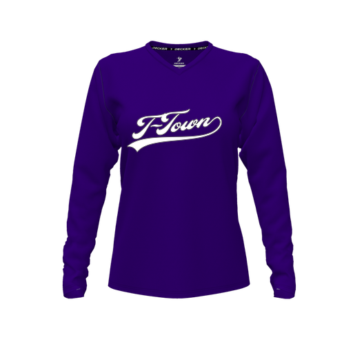 [CUS-DFW-TEES-PER-VNK-LSL-PUR-FYXS-LOGO1] Decker Performance T-Shirt (Female Youth XS, Purple, V Neck, Logo 1, Long Sleeve)
